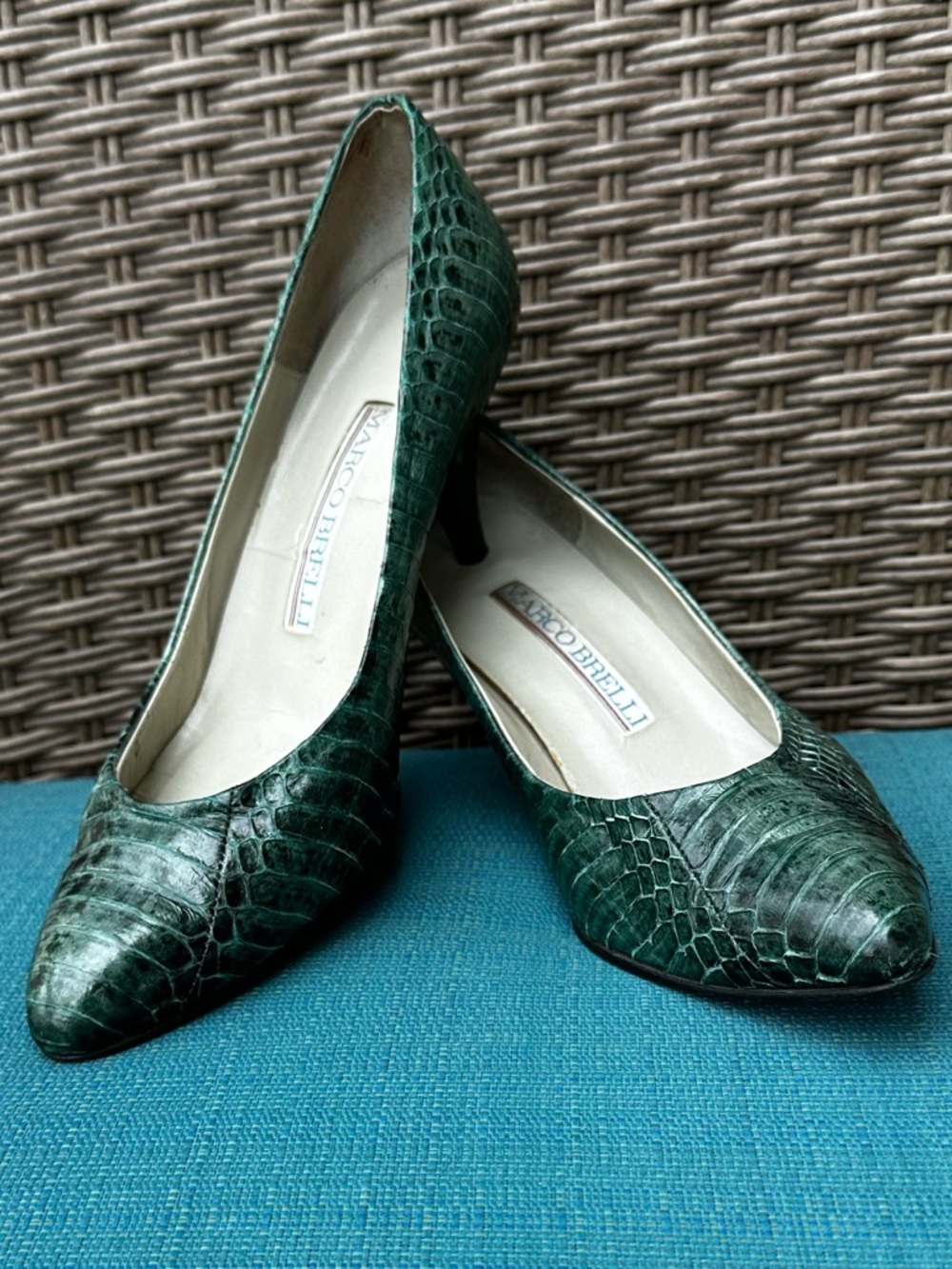 80s Marco Brelli Italian Green Croc- Skin Embossed Pointed-Toe Heels size 7